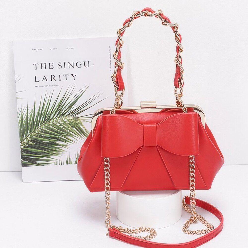 Faux Leather Ribbon Chain Handle Party Clutch